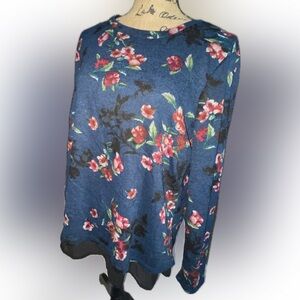 Bobeau Floral Crew Neck Sweater.Teal & Reddish-pink flowers.Sheer & sexy under.